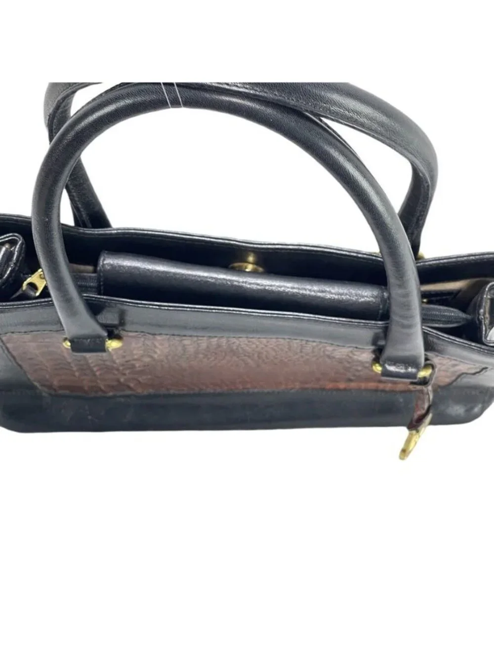 Vintage Brahmin Two-Tone Black & Brown Leather Crocodile Embossed Handbag With G